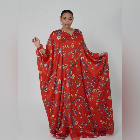 Red Multicolor Handmade Floral Print Oversized Maxi Kaftans Dress - Picture 2 of 7
